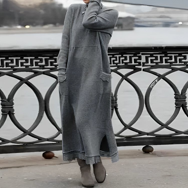 Women's black long sleeve knit maxi dress relaxed silhouette high neckline side slit pockets
