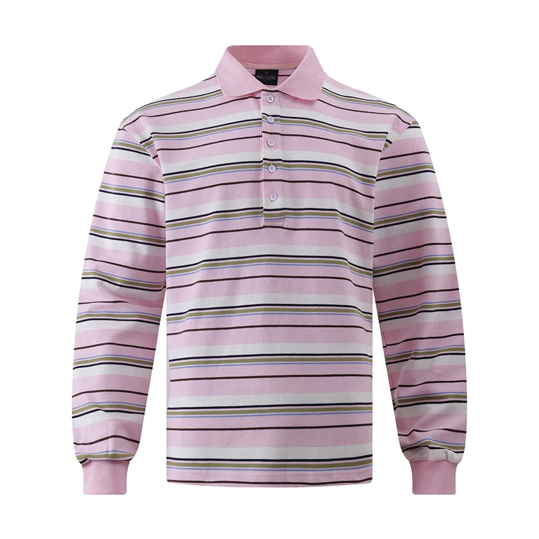 Striped long sleeve polo shirt sky blue collar contrast cuffs preppy multi-stripe cotton style