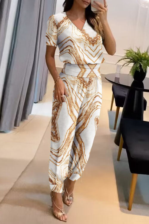 Women's printed two-piece set V-neck short sleeve top with long pants soft blended fabric all-season