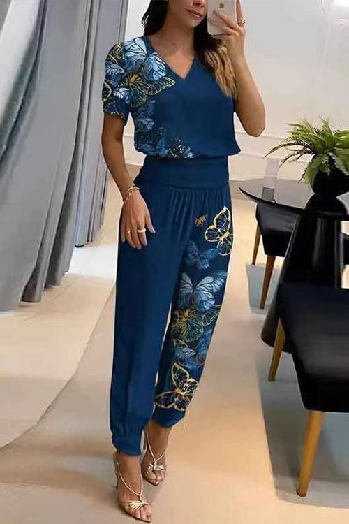 Women's printed two-piece set V-neck short sleeve top with long pants soft blended fabric all-season