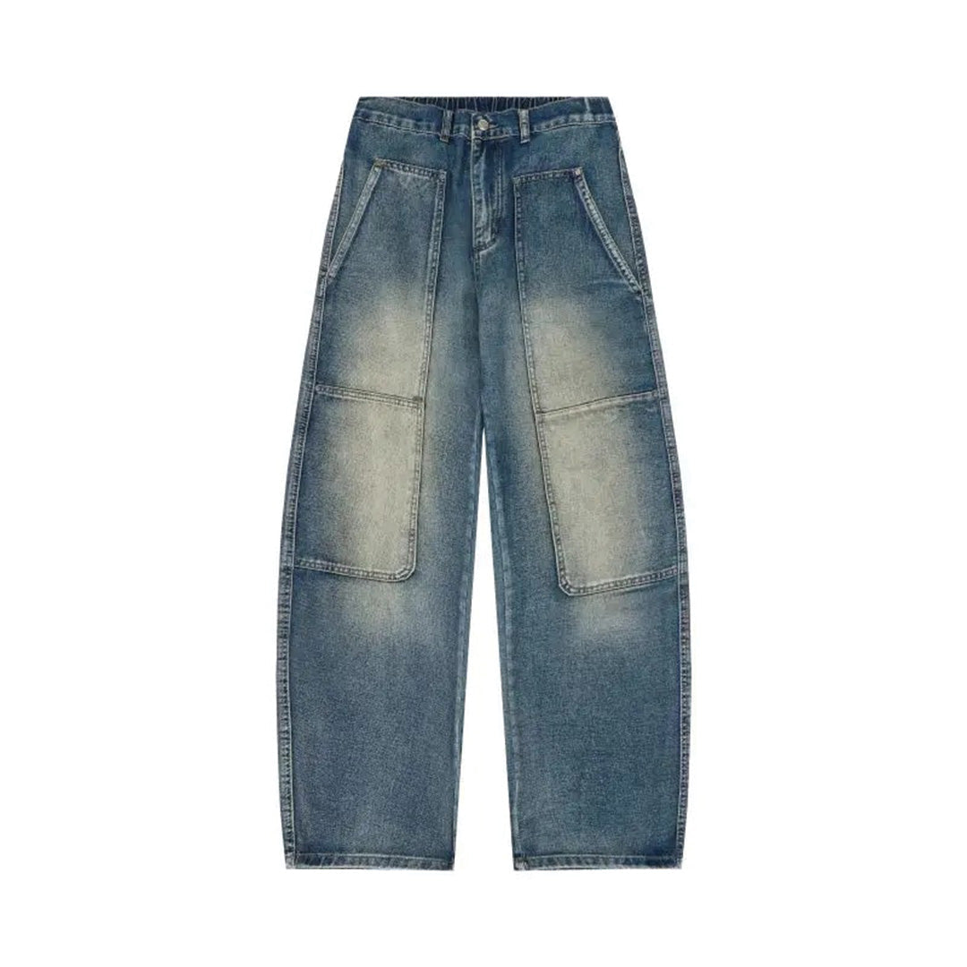 Men's washed indigo oversized wide-cut denim jeans relaxed fit with patch pockets