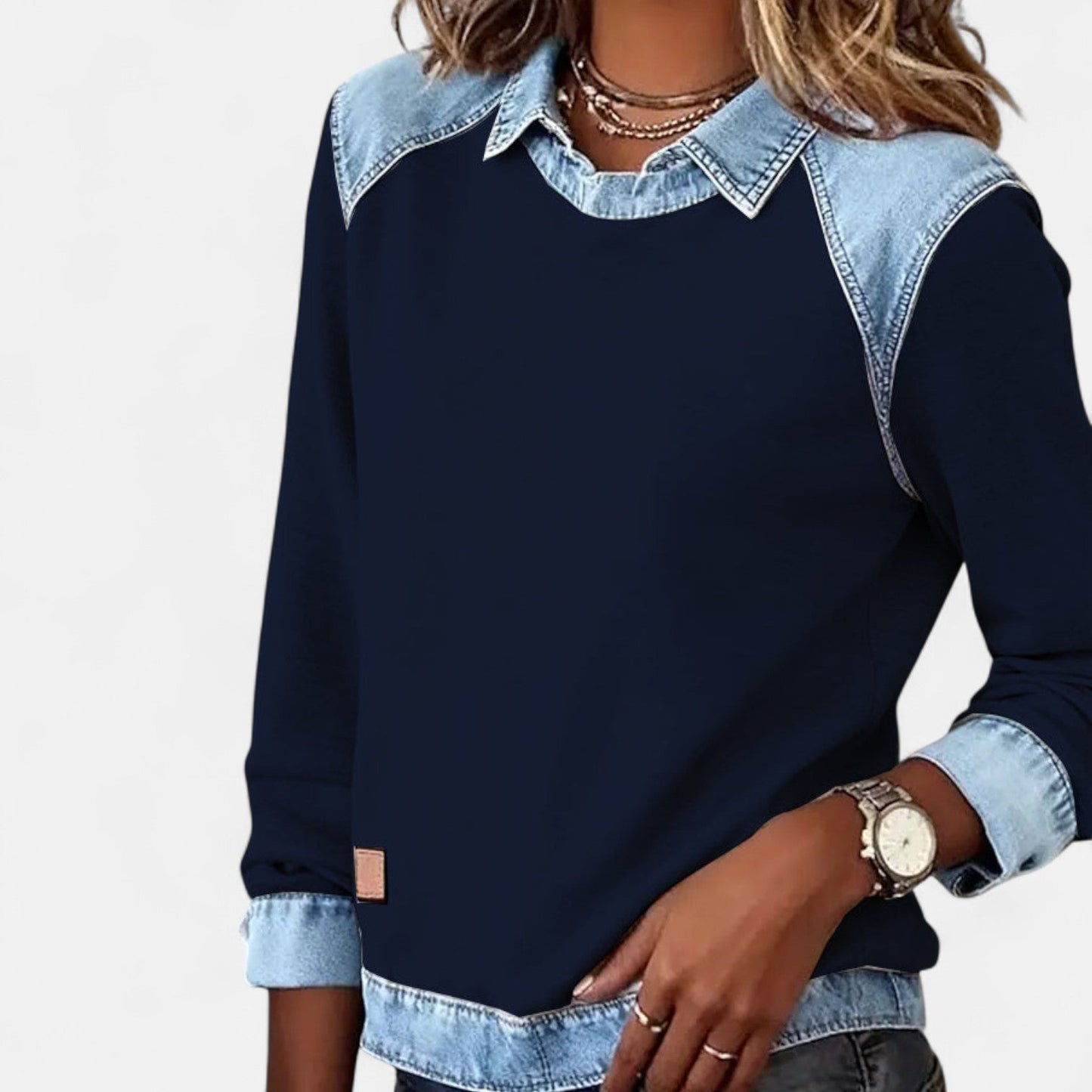 Women's gray pullover sweatshirt with faux layered denim collar and cuffs casual style