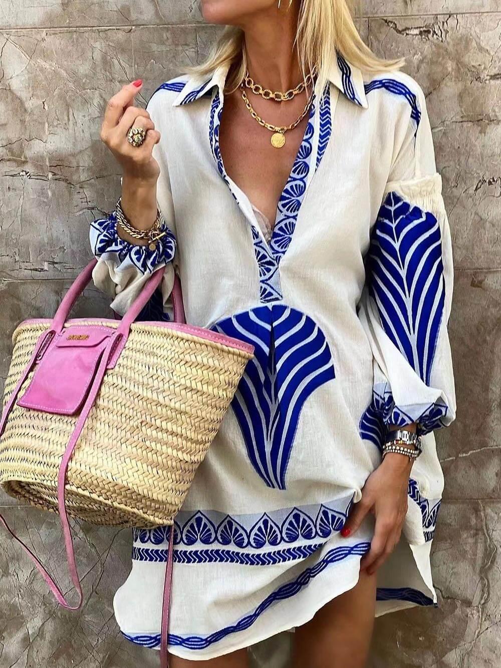 Printed holiday mini dress women loose fit long sleeve polyester chic vacation wear unique print design