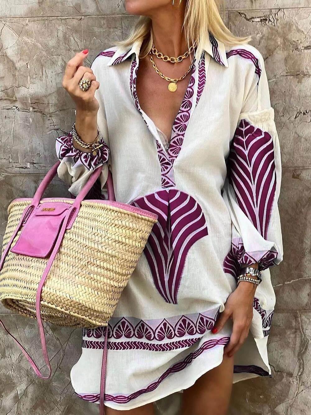 Women's printed holiday mini dress loose fit long sleeve polyester chic vacation style unique print