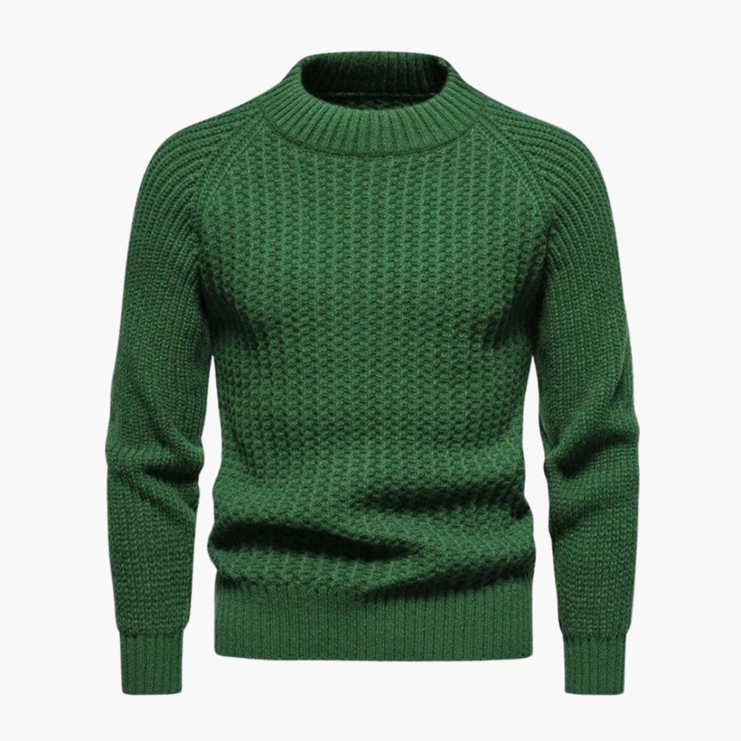 Men's waffle knit textured sweater in neutral tone, round neck, ribbed cuffs, casual all-season style