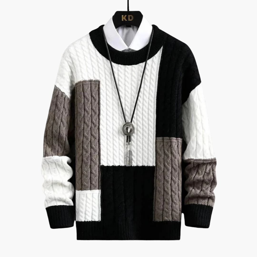 Men's color block cable knit sweater round neck ribbed finish everyday warmth layering piece