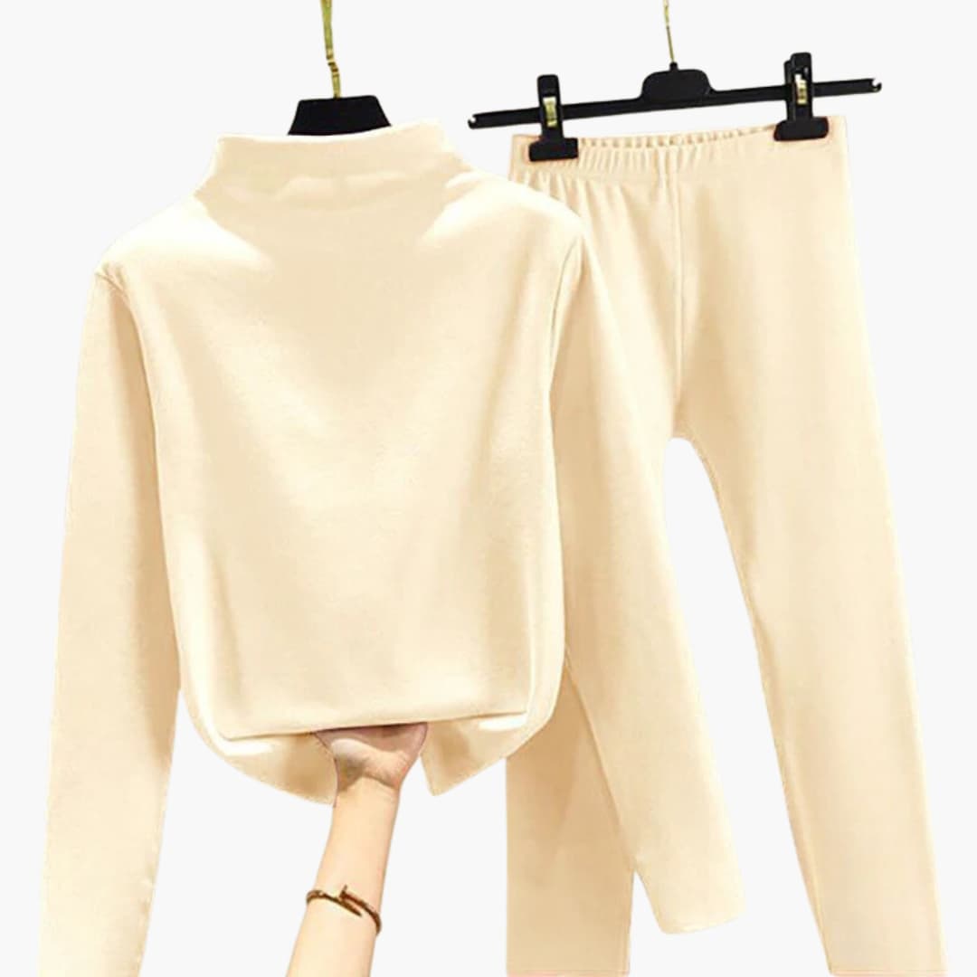 Women's fleece two-piece set high-neck sweater tapered pants elastic waistband cozy lounge