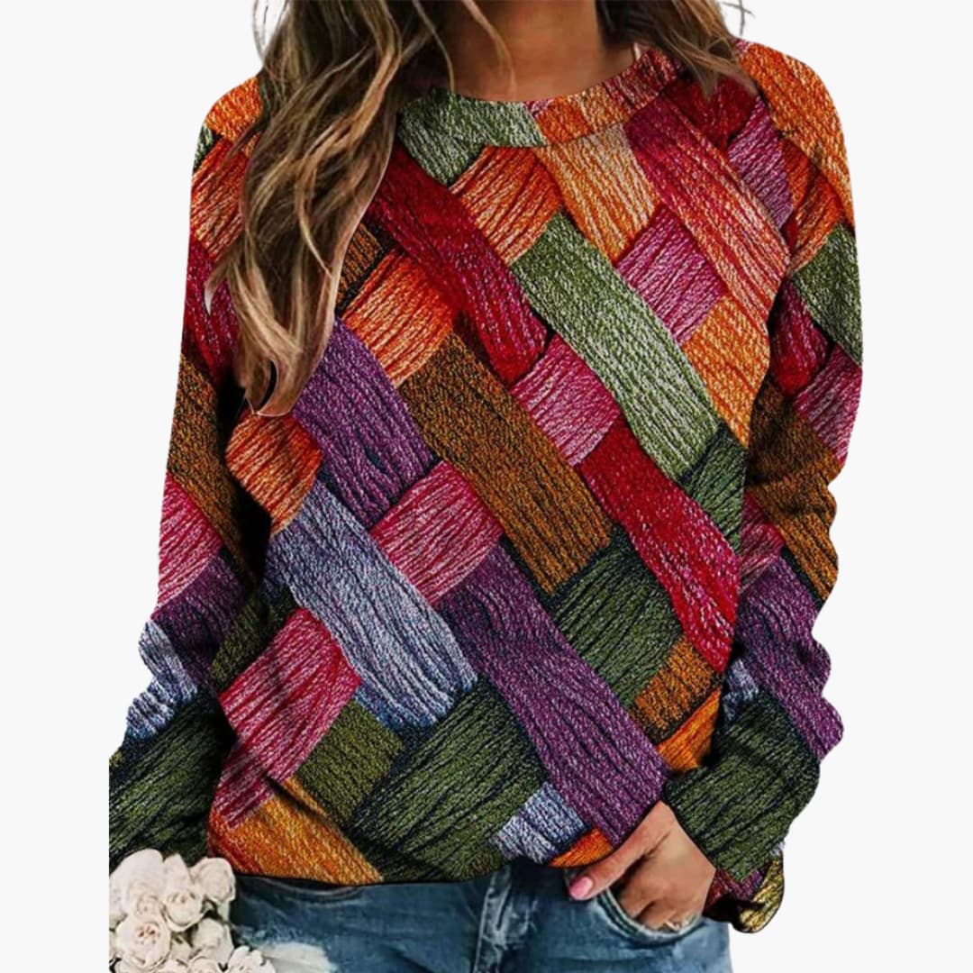 Women's colorful patchwork knit sweater, round neckline, regular fit, vibrant textured design