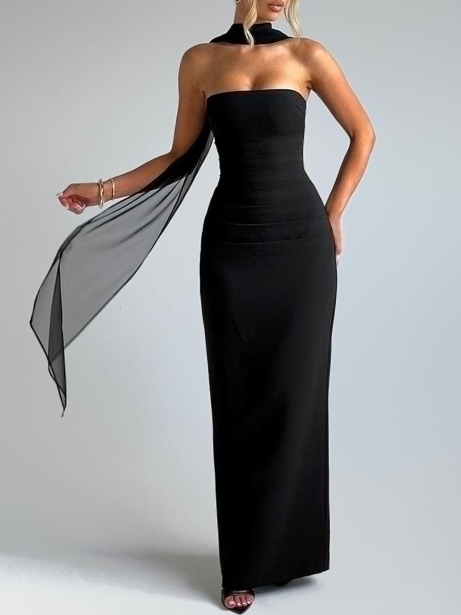 Strapless black fitted evening gown with chiffon scarf detail, sleek full-length silhouette