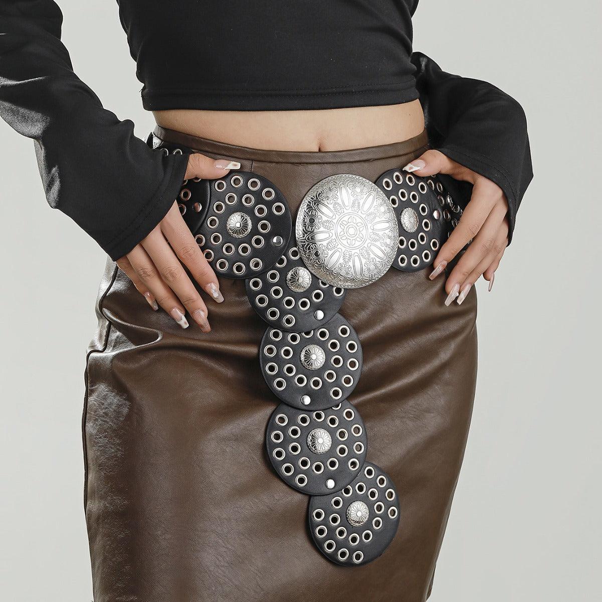 Women's Moroccan leather western belt with round disc centerpiece and brass-stud metal buckle