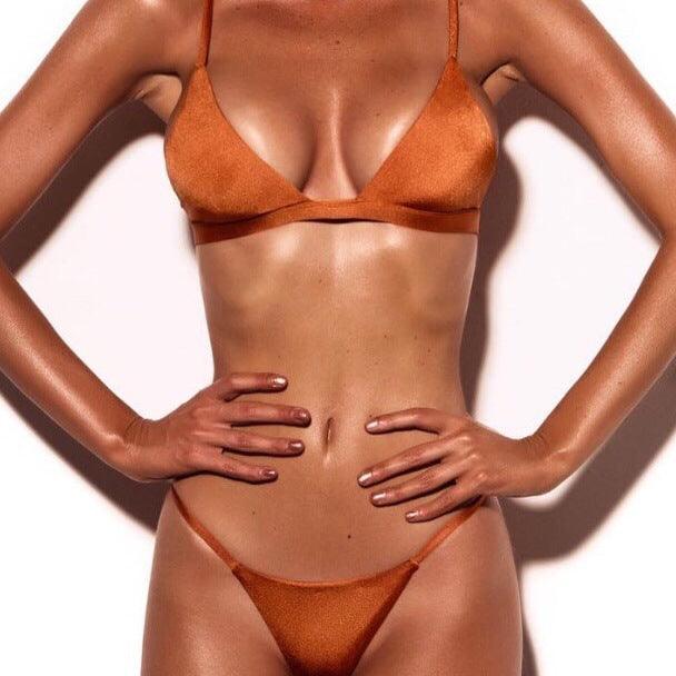 Vibrant multicolor Brazilian bikini set, triangle top, high apex cheeky cut, adjustable straps