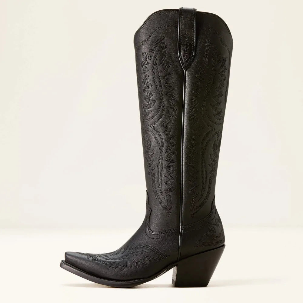 Women's western cowboy boots with floral embroidery, pointed toe, mid heel, and easy pull tabs