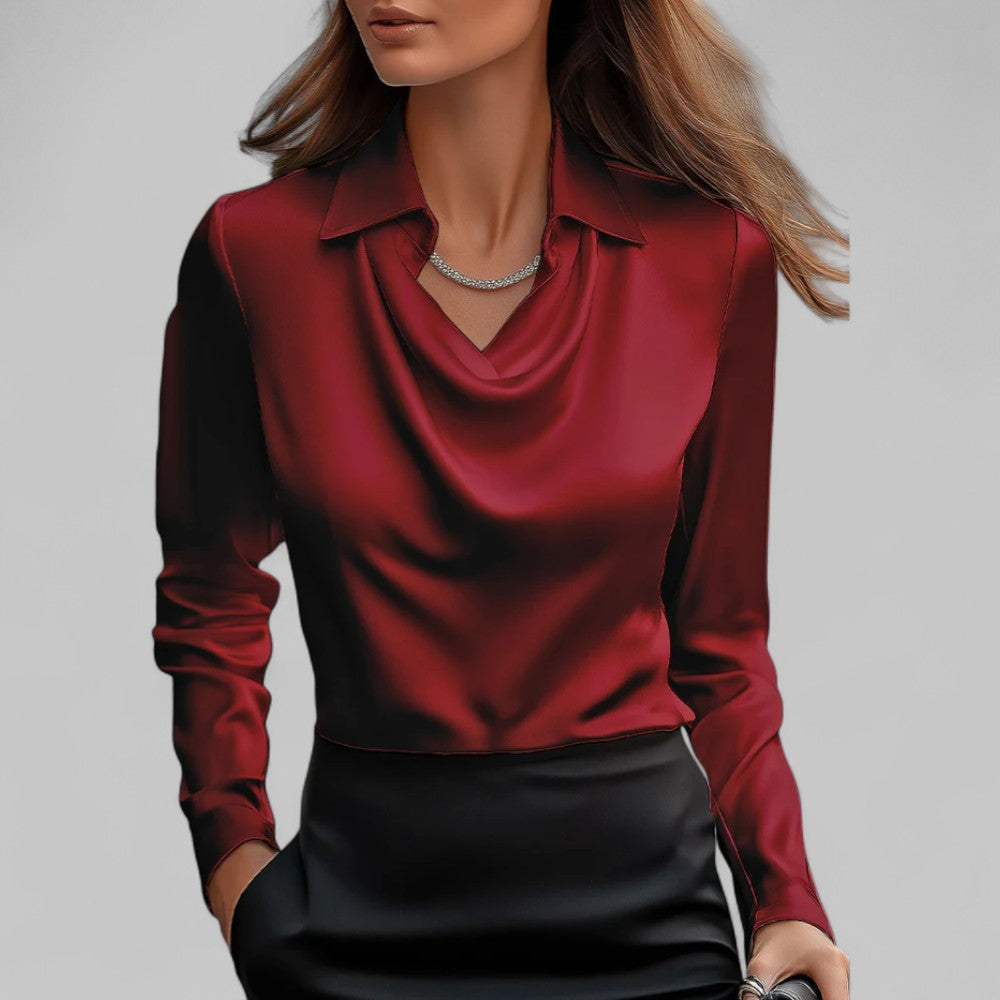 Women's ivory satin draped blouse with structured collar, fluid silhouette for polished everyday elegance