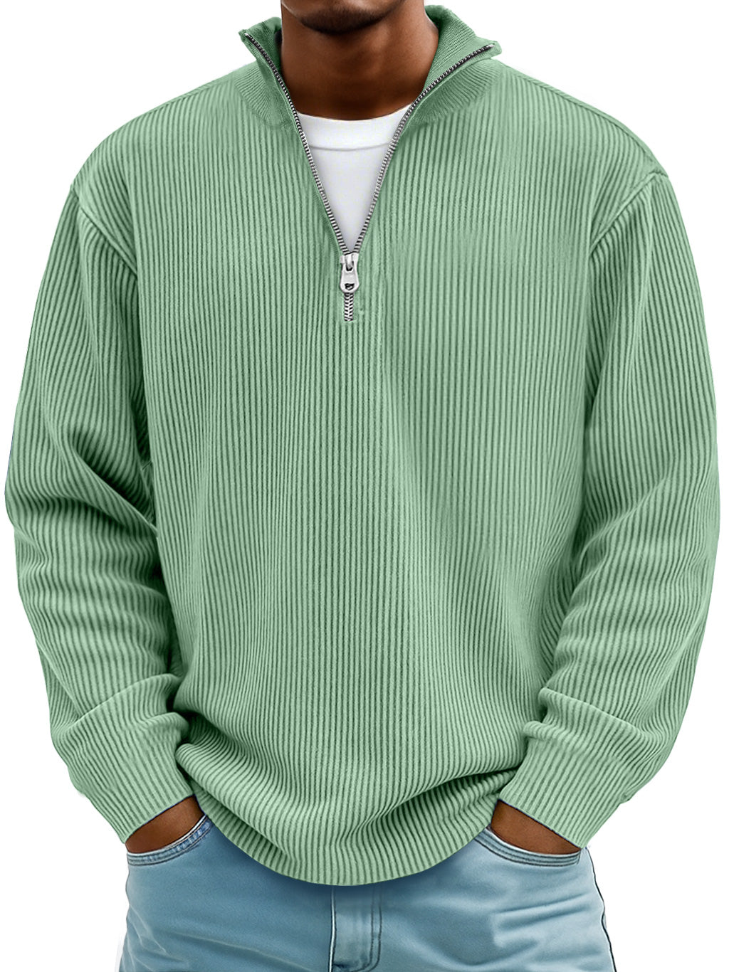 Men's ribbed half-zip winter sweater in neutral tone, modern slim fit with textured knit detail