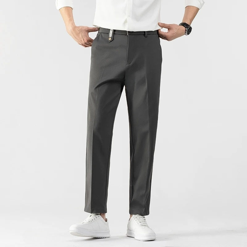 Navy blue straight-leg tailored trousers for professionals with wrinkle-resistant fabric modern cut