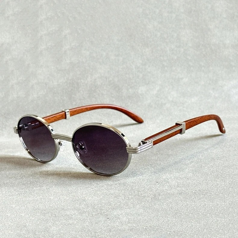 Solé round woodgrain sunglasses with gold detailing and UV400 protection, vintage-inspired lightweight frames