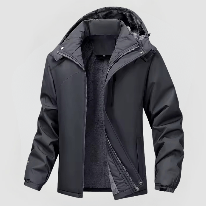 Men's warm navy hooded outdoor jacket with structured fit and clean polished silhouette