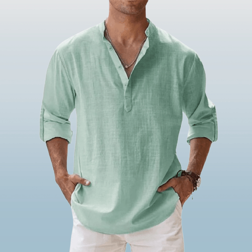 Men's linen blend Henley shirt in casual regular fit with long sleeves and classic button placket