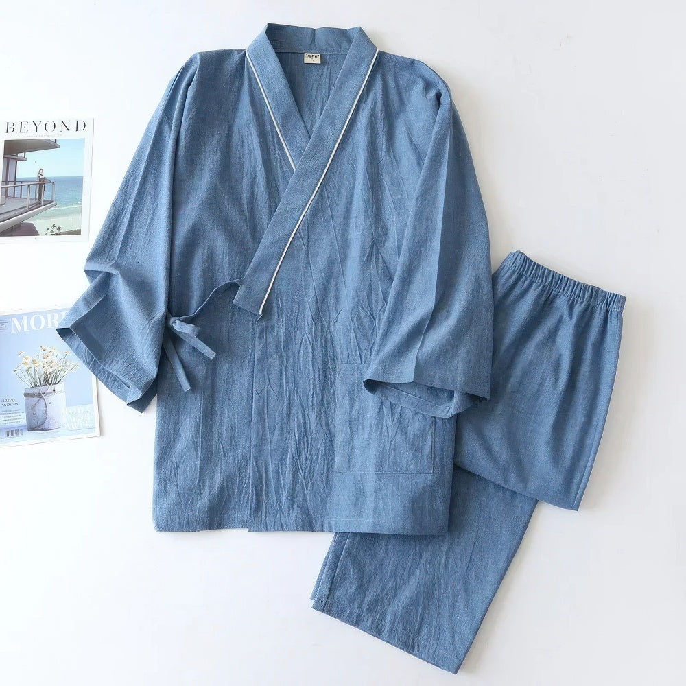 Men's Japanese kimono pajamas two-piece loungewear set in classic wrap-style silhouette