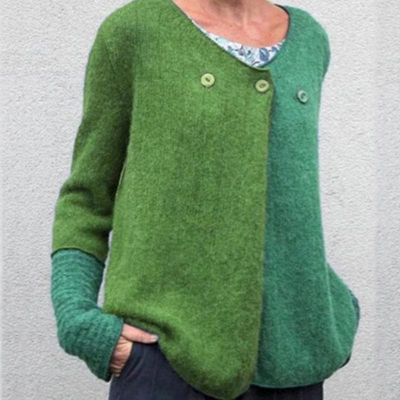 Women's color block relaxed fit sweater with scoop neck, button front, and drop shoulders