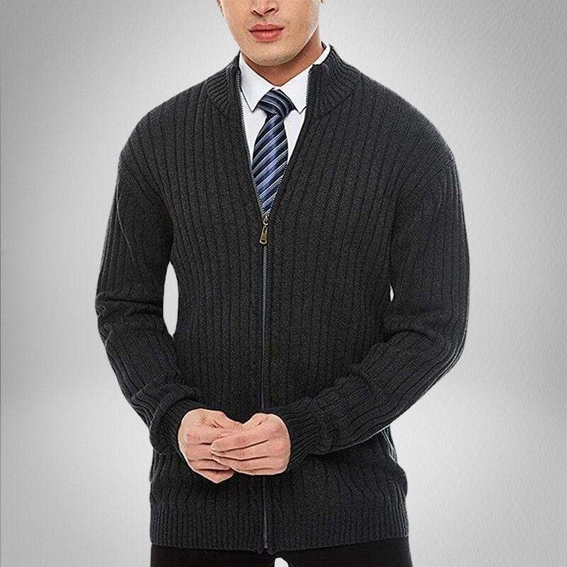 Men's slim fit wool cardigan navy full-zip stand collar ribbed texture polished business casual look
