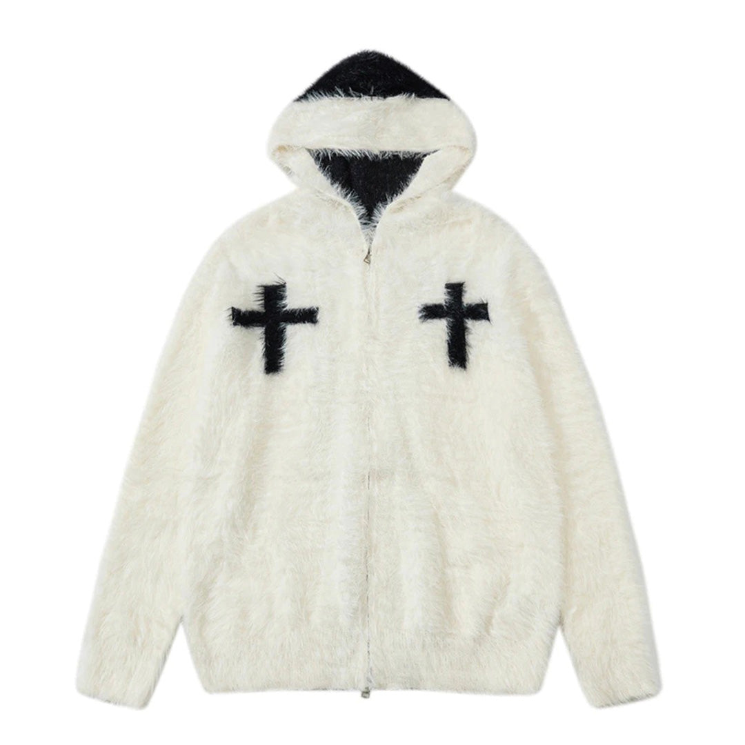 Reversible black faux fur hoodie dual-tone streetwear style with embroidered cross chest detail