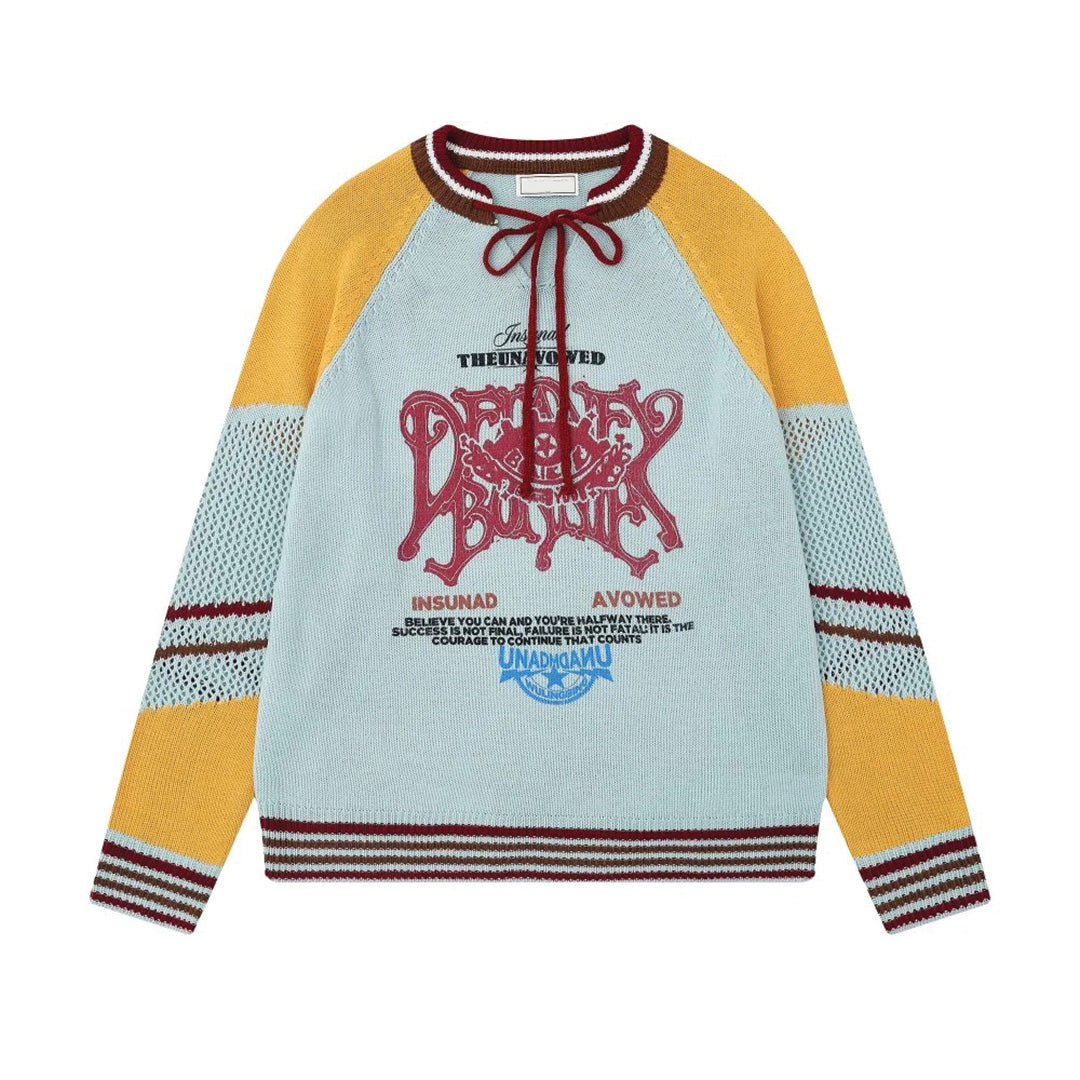 Striped cotton knit sweater relaxed fit with adjustable lace-up collar in multicolor