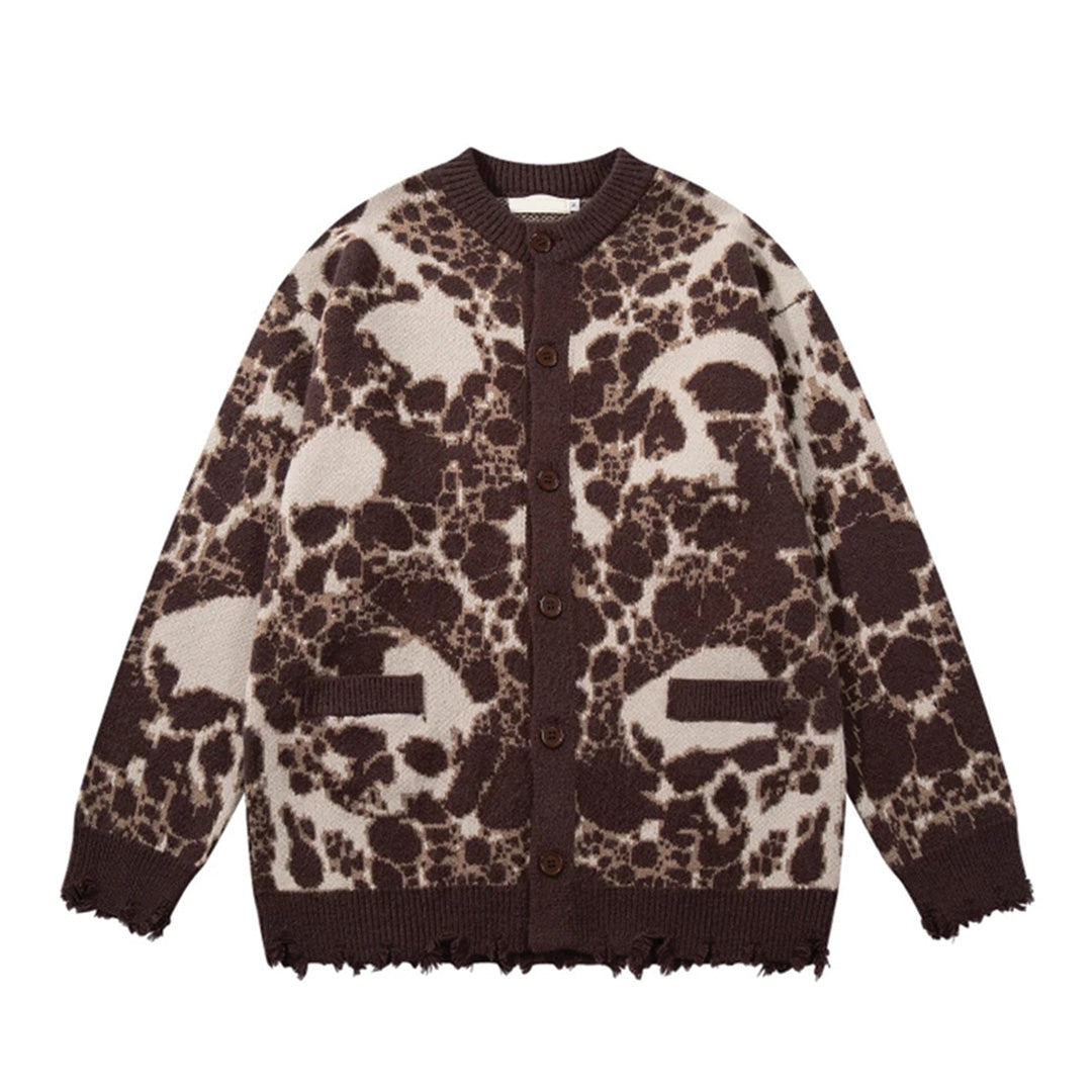 Black soft-knit cardigan skull jacquard pattern distressed cuffs relaxed fit gothic streetwear