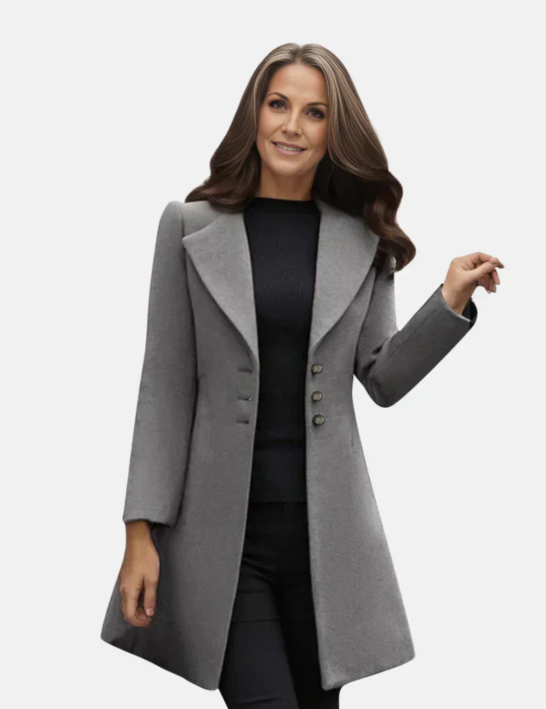 Women's knee-length tailored coat in neutral tone, single-breasted button closure, polished confident fit