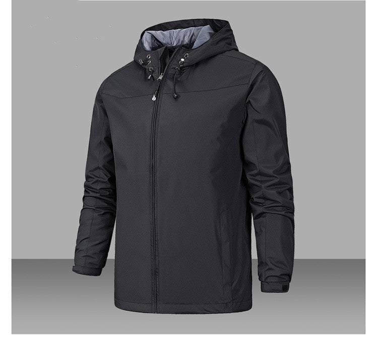 Men's lightweight waterproof polyester jacket navy blue modern cut with adjustable hood windproof