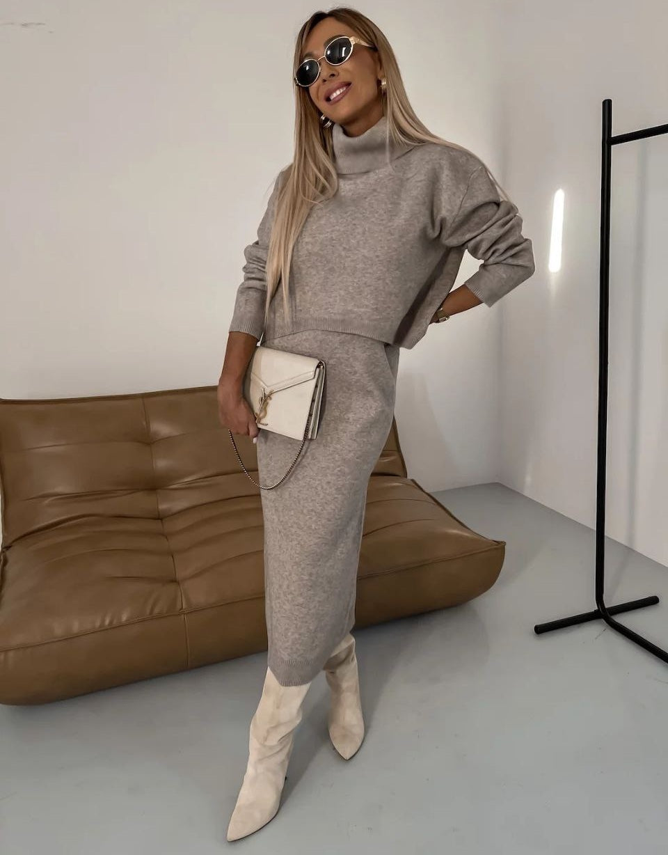 Women's beige midi dress and turtleneck sweater set, chic coordinated two-piece for work and casual wear