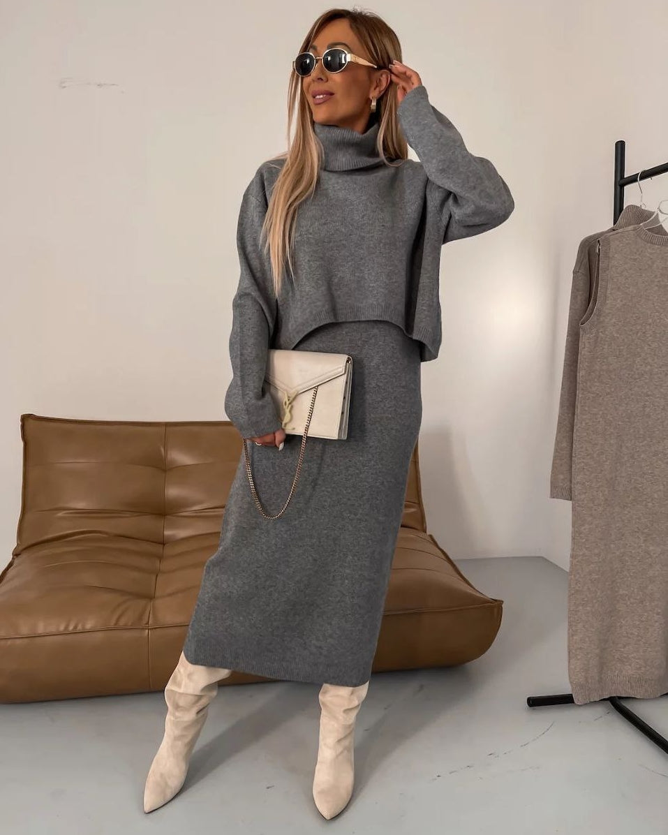 Women's beige midi dress and turtleneck sweater set, chic layered workwear casual comfort look