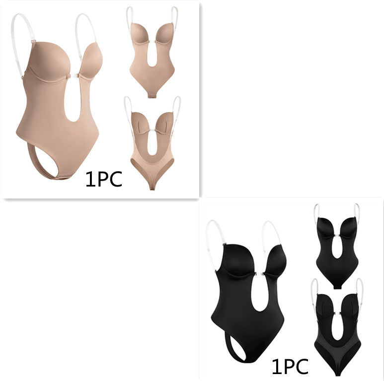 Women's black tight-fitting bodysuit deep V-neck highlighted waist elegant silhouette