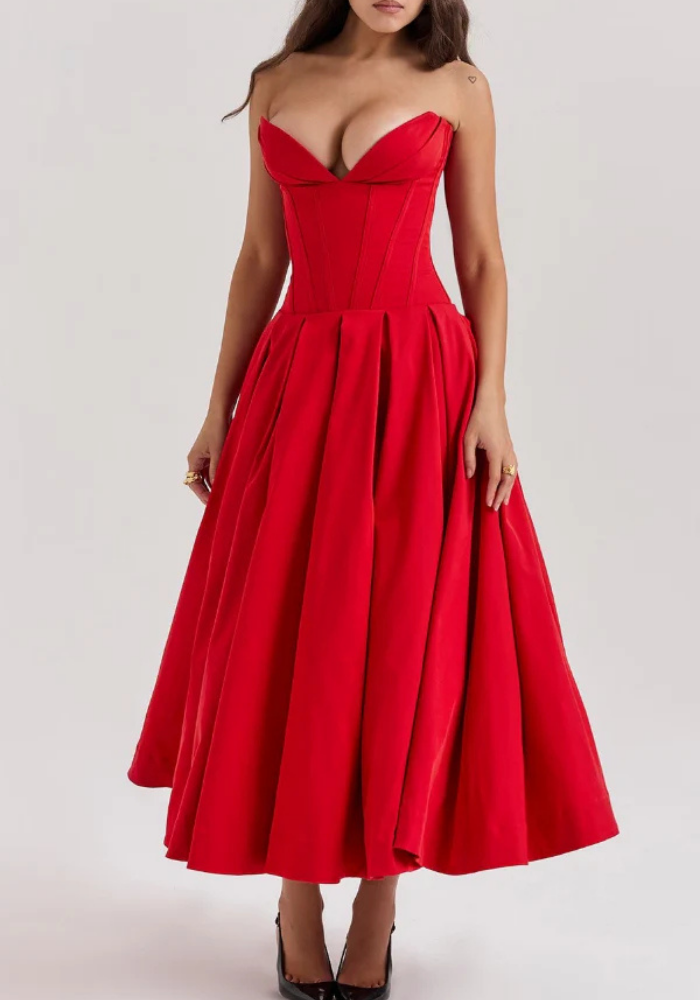 Women's strapless midi evening gown with fitted corset bodice, flowing skirt, elegant formal silhouette