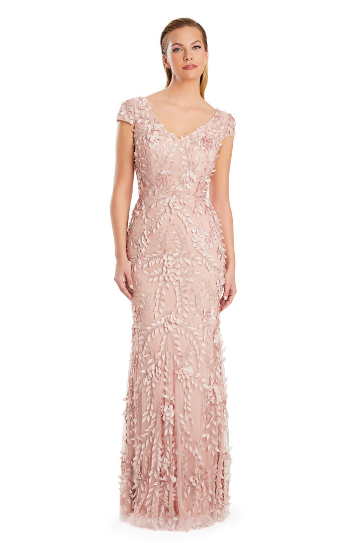 Alexander by Daymor long mother of bride elegant gown, lace appliqués, V-neckline, short sleeves