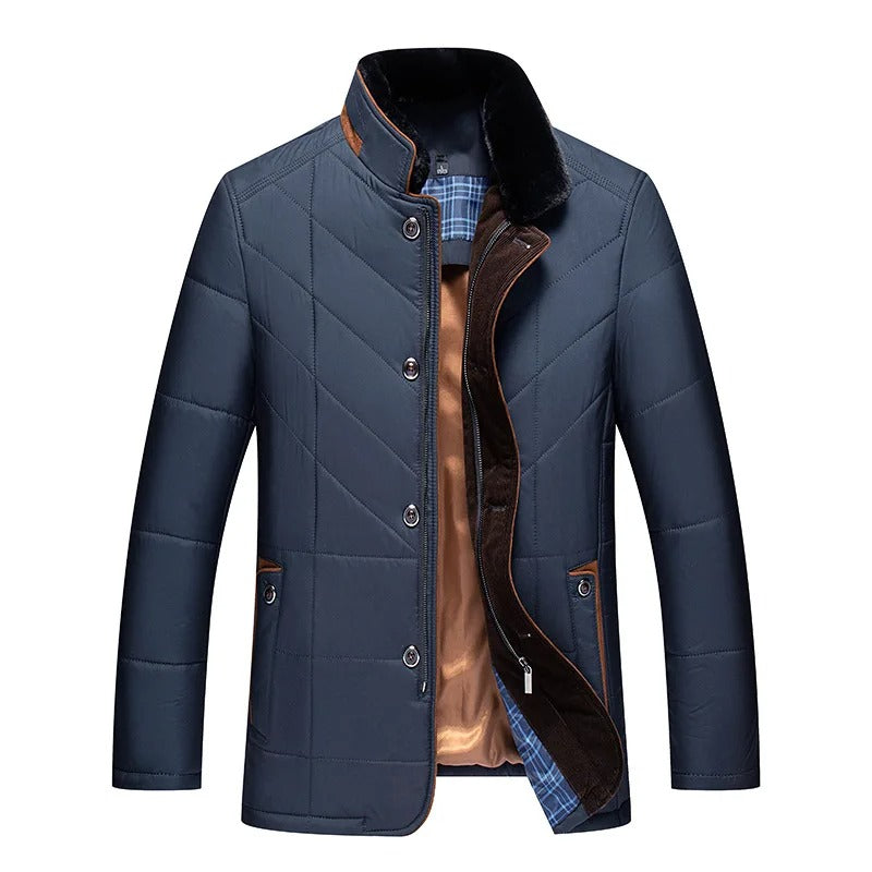 Men's black quilted padded jacket with fur collar and button-front closure for winter
