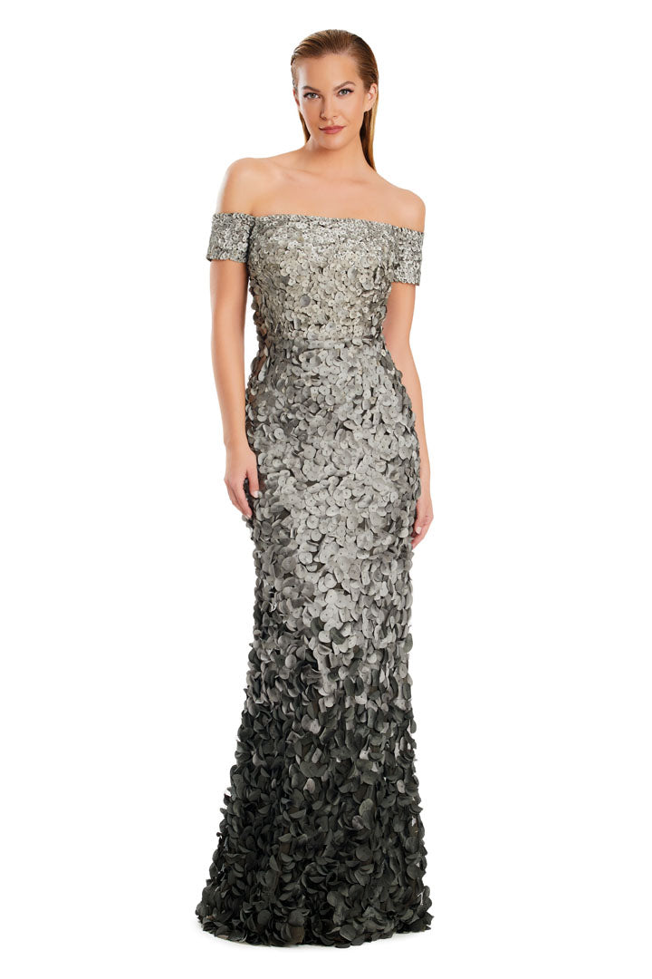 Alexander Daymor two-tone sequin mermaid gown off-shoulder formal evening dress full-length silhouette