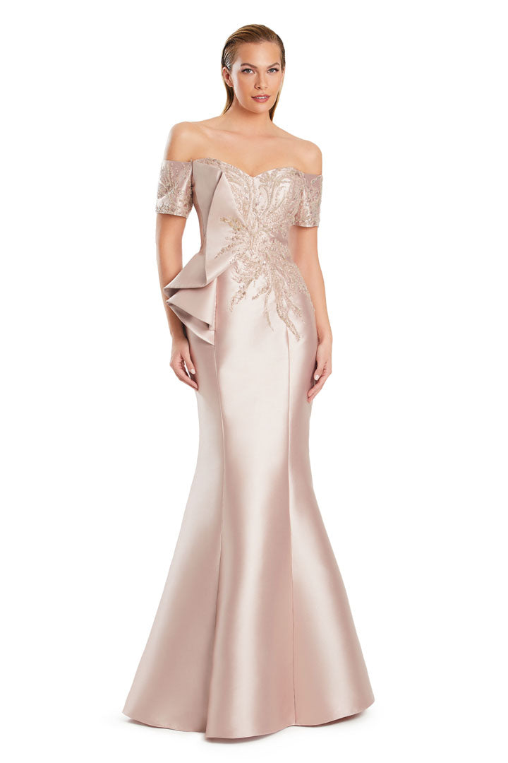 Long mermaid beaded evening gown off-shoulder silhouette fully embellished formal dress by Alexander Daymor