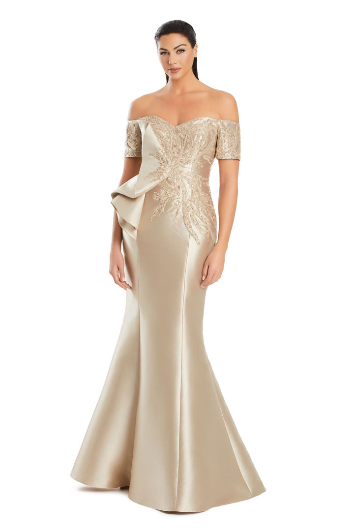 Long mermaid beaded evening gown off-shoulder silhouette fully beaded fabric formal elegant