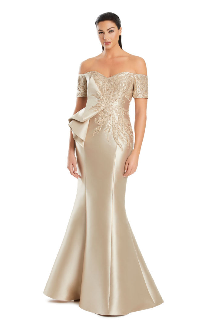 Long mermaid beaded evening gown off-shoulder silhouette fully beaded fabric formal elegant