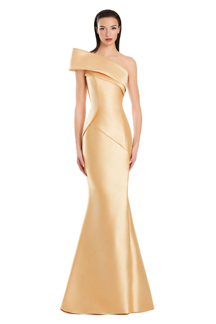 Alexander Daymor pleated mermaid prom gown one-shoulder asymmetrical neckline formal long dress