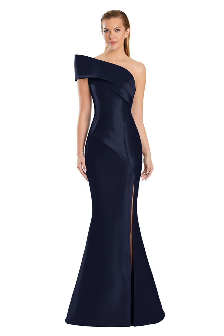 Alexander Daymor pleated mermaid prom gown one-shoulder asymmetrical neckline formal long dress