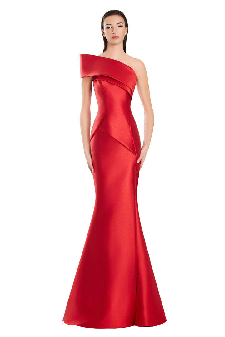 Alexander Daymor pleated mermaid prom gown one-shoulder asymmetrical neckline formal evening dress