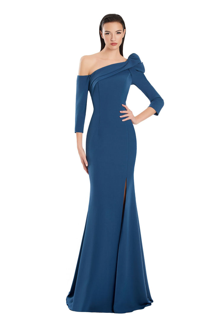 Alexander Daymor one-shoulder pleated mermaid evening gown with dramatic slit, formal elegance