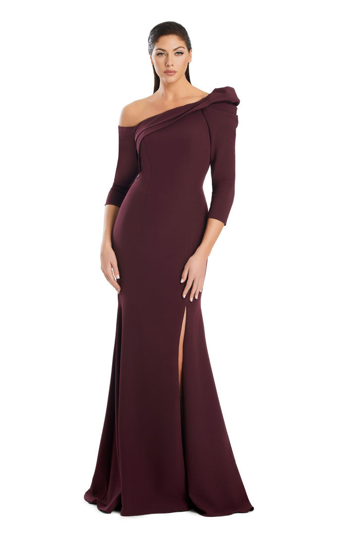 Alexander Daymor one-shoulder mermaid evening gown with pleated texture and dramatic thigh-high slit