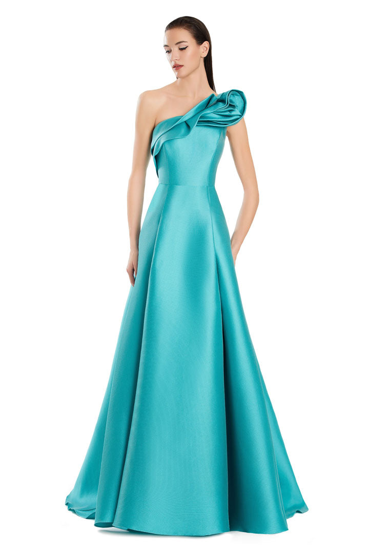 Alexander Daymor one-shoulder A-line prom dress with dramatic slit, pockets, and asymmetrical neckline