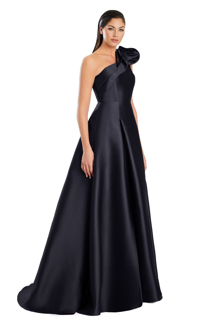 Alexander Daymor one-shoulder A-line prom gown with dramatic thigh-high slit and hidden pockets