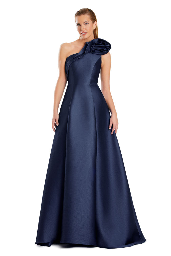 Alexander by Daymor one-shoulder A-line prom gown with dramatic thigh-high slit and hidden pockets