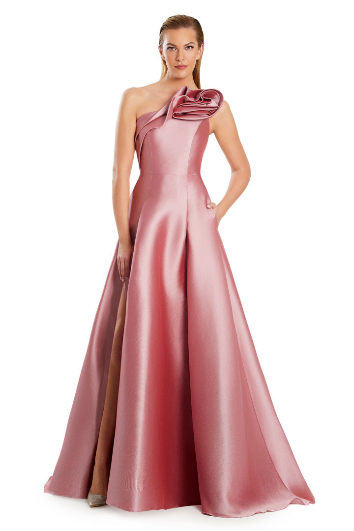 Alexander Daymor one-shoulder A-line prom gown with dramatic slit and hidden pockets