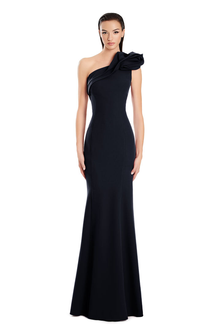 Alexander Daymor pleated one-shoulder mermaid evening gown with dramatic flared hem